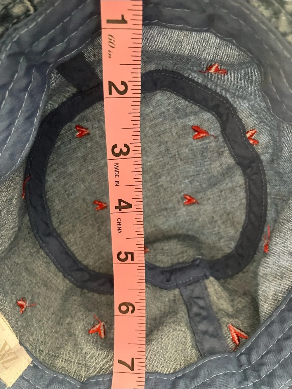 ZARA Kids Faded Denim Bucket Hat w/ Red Heart Embroidery OS Pre-Loved